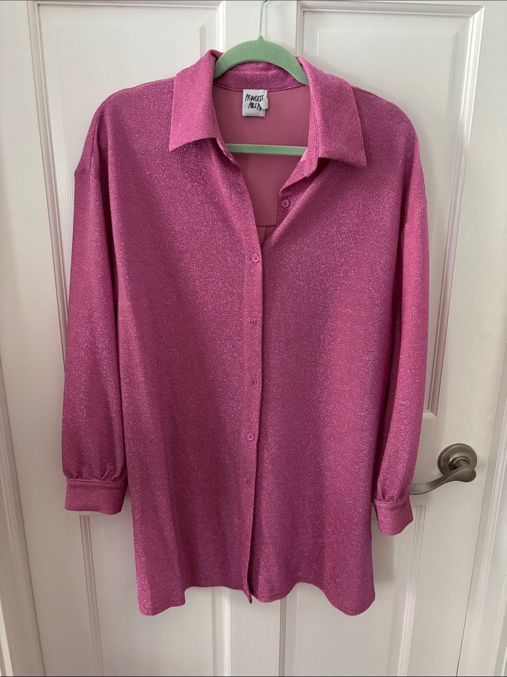 Princess Polly Shimmery Hot Pink Button-Down Shirt Dress